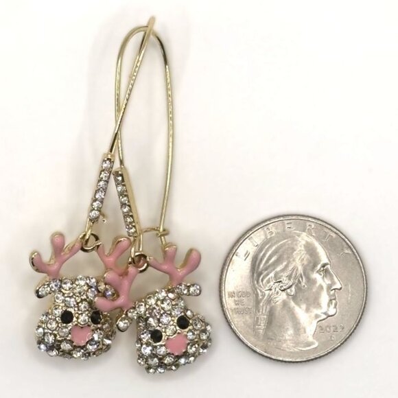 Pink Enamel Antlers Rhinestone Gold Tone Reindeer Head Christmas Winter Earrings - Picture 4 of 4